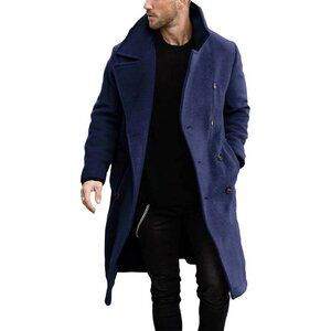 Men's Navy Double-Breasted Trench Coat with Lapel Collar for Business & Winter